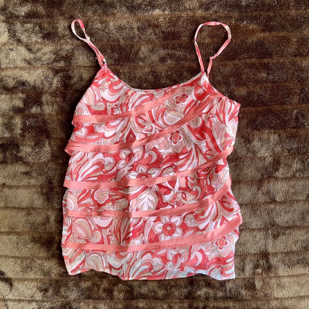 NY & Co. Sz S Pink/Rose Floral Print Ruffle Front Lined‎ Camisole PRISTINE